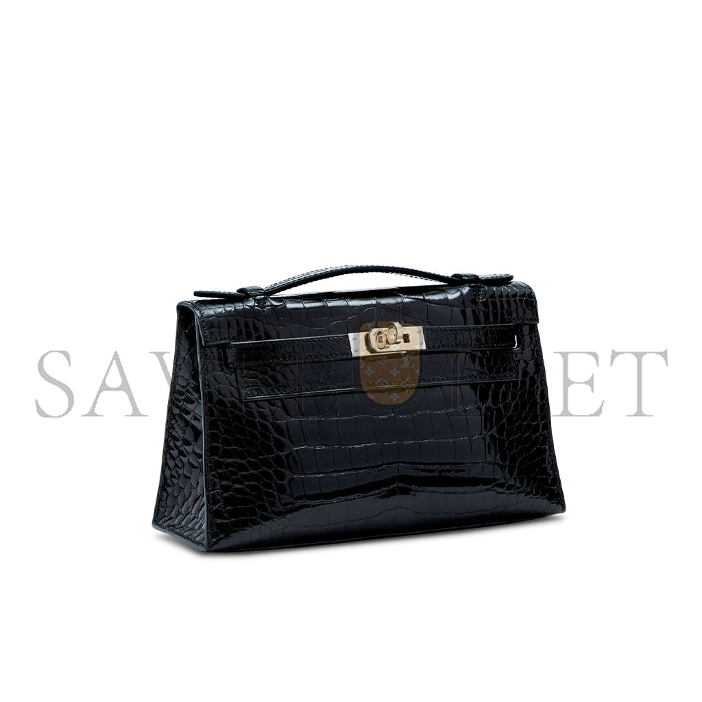 HERMÈS MASTER BLACK ALLIGATOR KELLY POCHETTE WITH PALLADIUM HARDWARE (22*14*7cm) 